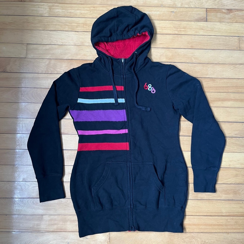 686 Womens Full Zip Hoodie Black Striped Longline Sweatshirt Thumbholes Small